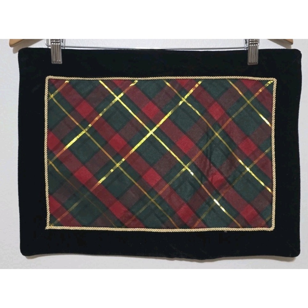 WAVERLY 7 Thick Black Velvet Plaid Placemats Gold Trim Christmas Holiday Party